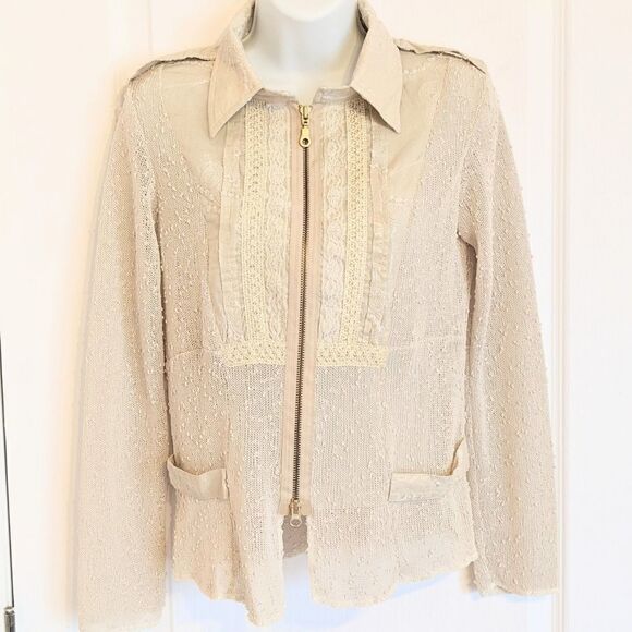 BOHO Style Zip Front Textured Beige Shirt Top Lace Decor Small @V - Picture 2 of 7